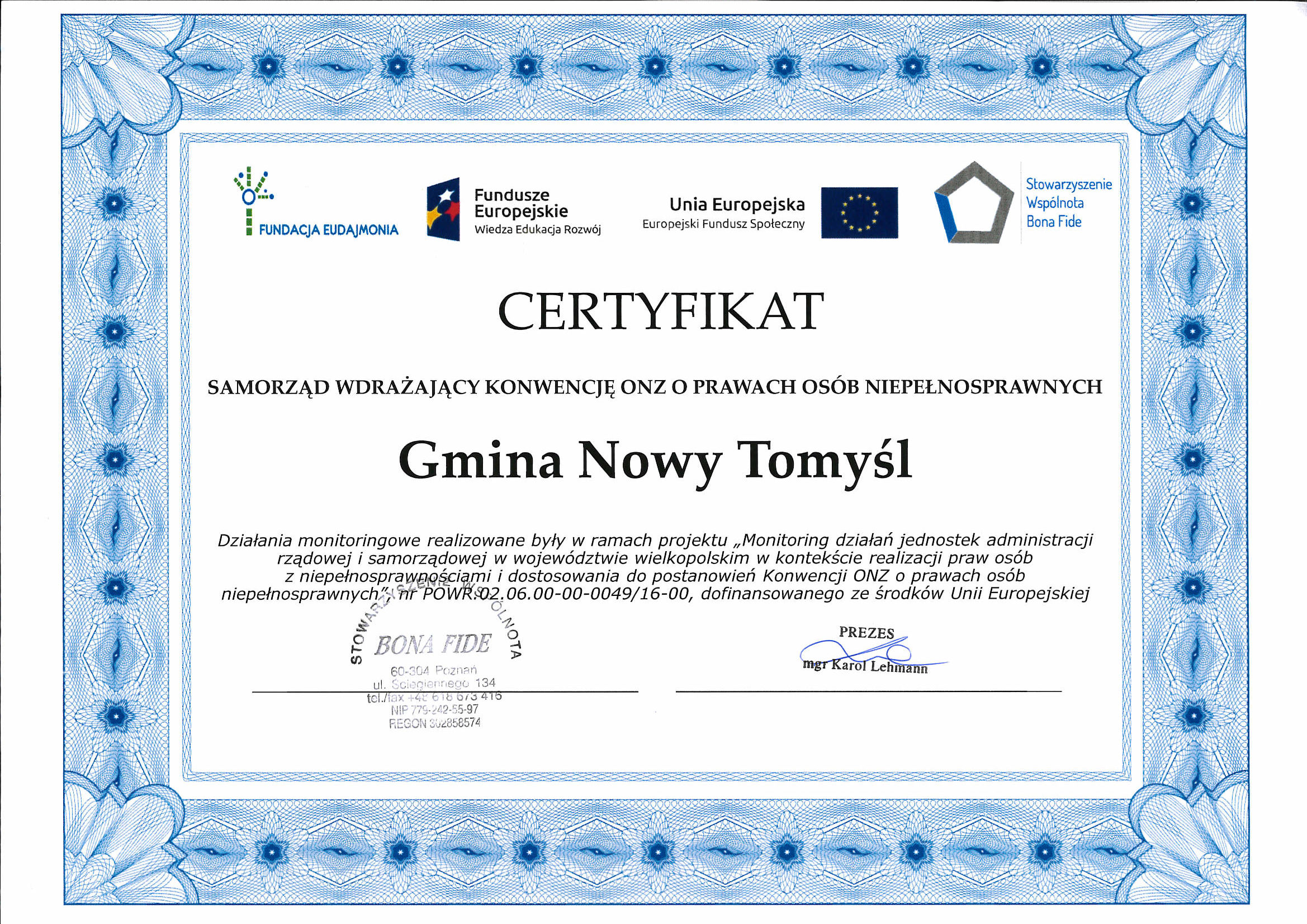 Certyfikat dla Gminy Nowy Tomyśl