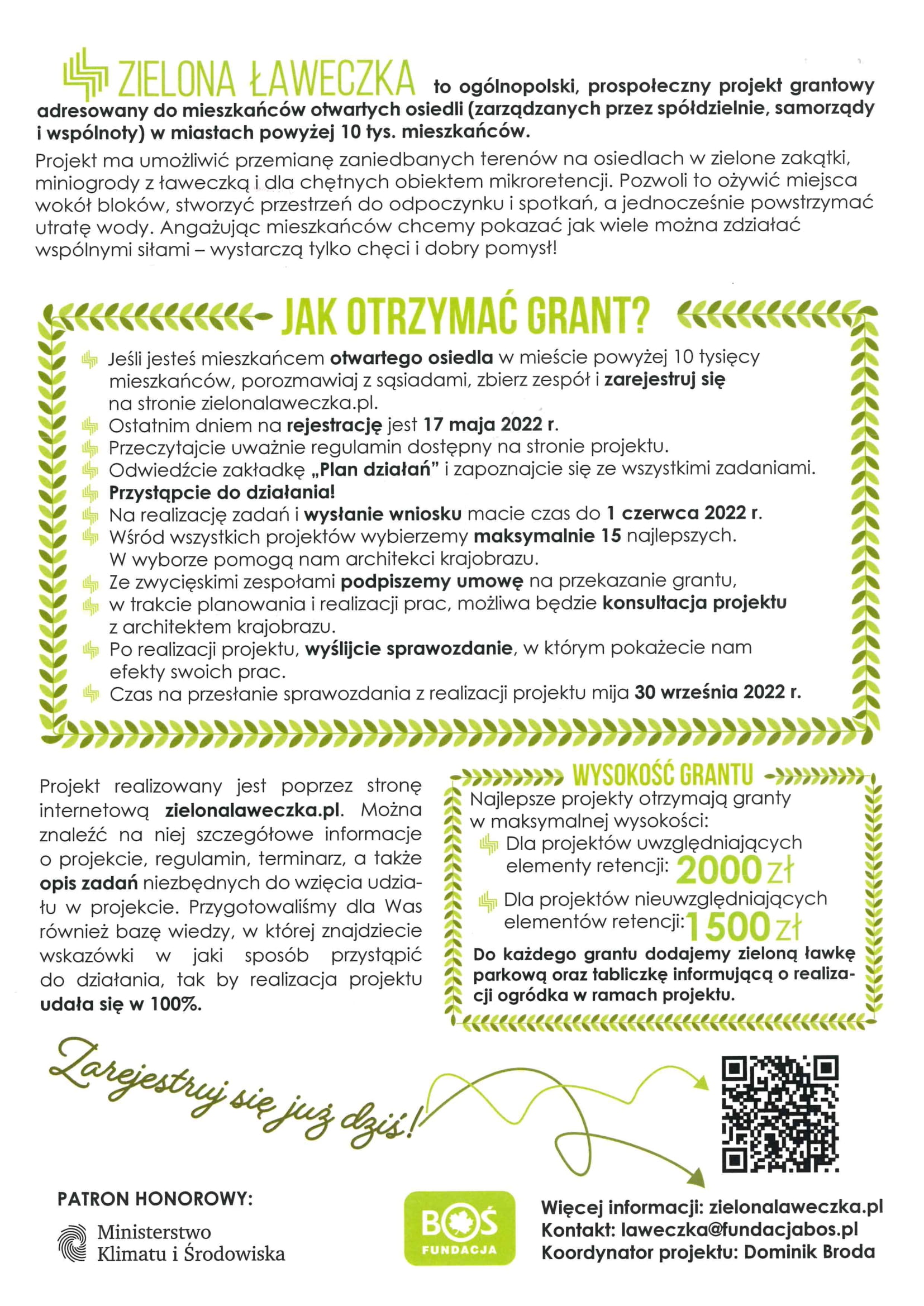 Zapraszamy do udziału w VIII edycji konkursu grantowego „Zielona Ławeczka”