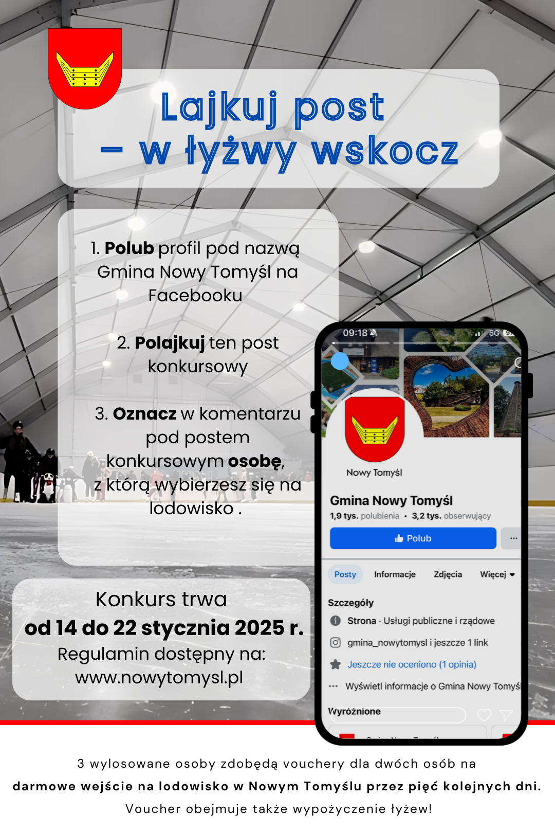 „Lajkuj post – w łyżwy wskocz” – ogłaszamy konkurs, w którym wygrać można darmowe wejściówki na nasze nowotomyskie lodowisko!